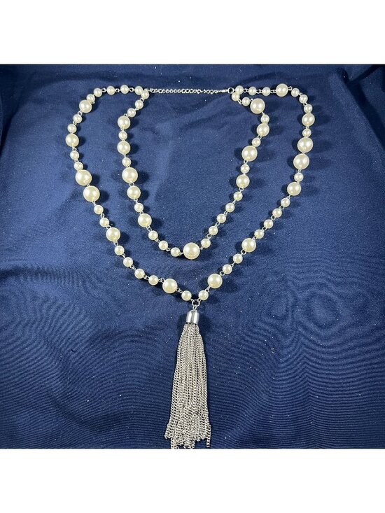 Jewelry - Long Faux Pearl Necklace With Silver Chain & Tassel Pendant